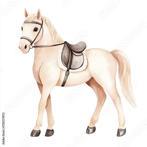 Elegant white horse with saddle ready to ride.