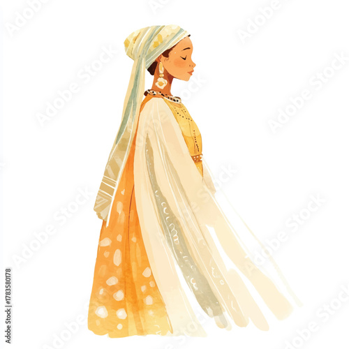 Elegant woman in traditional attire side profile adorned with jewelry.