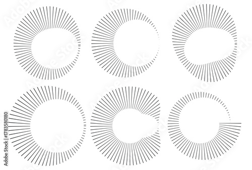 Six circular shapes with radiating lines on a white background in a geometric arrangement