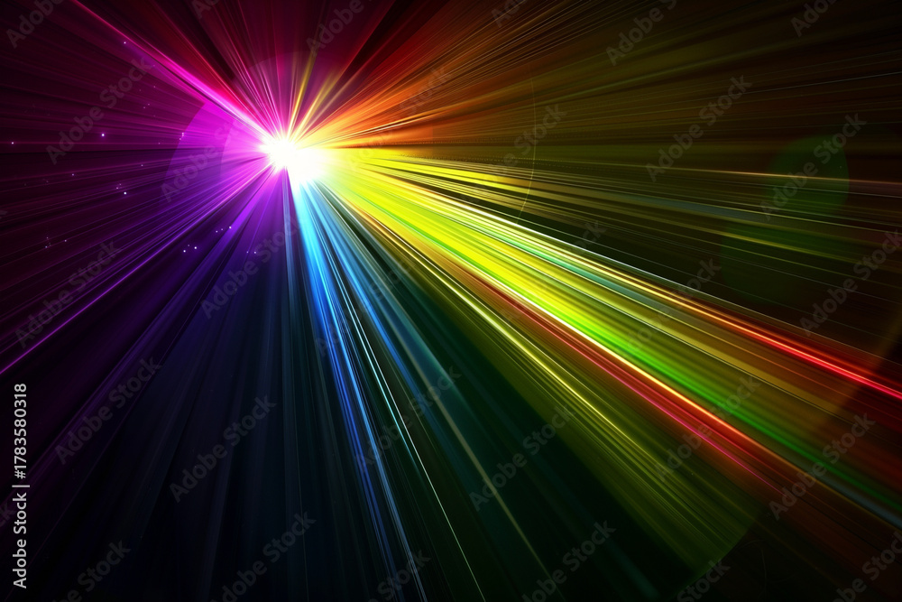 Fototapeta premium Colorful rainbow light rays shining diagonally with bright glow on dark abstract background