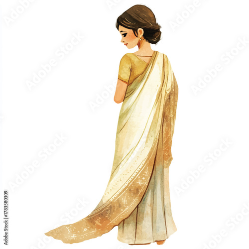 Elegant woman in traditional Indian saree looking down graceful pose.