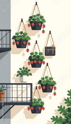 Vertical illustration of hanging strawberry plants growing in pots on a modern apartment building balcony wall