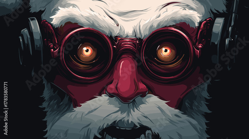 Scary Robot Santa Face, Vector Illustration. Horror  Fantasy Concept