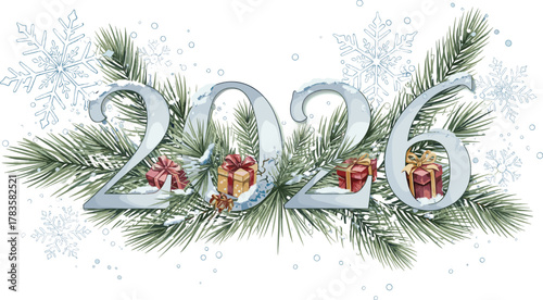 Festive 2026 holiday illustration with metallic numbers, snowflakes, pine branches, gift boxes, bows, winter celebration, and seasonal greeting design