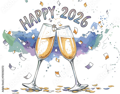 Happy 2026 champagne celebration vector illustration with clinking glasses, confetti, watercolor splash, sparkling typography design for festive New Year greeting
