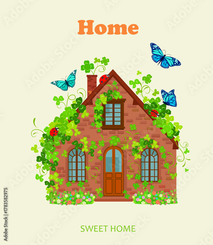 card sweet home with tiny cozy brick house surrounded by clover leaves with ladybirds and flying butterflies