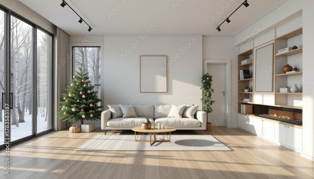 Fototapeta premium Modern bright living room interior with christmas tree cozy atmosphere minimalist design winter vibe