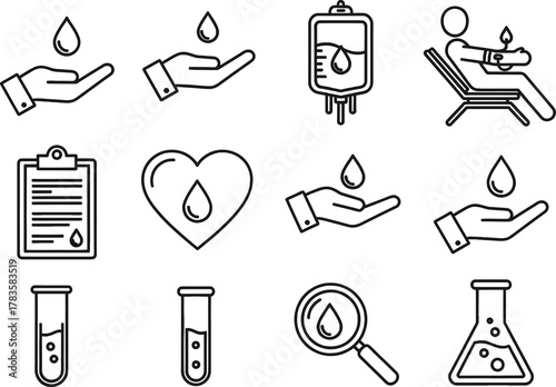 Blood donation and medical concept represented by various line icons