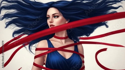 Caucasian woman with blue hair tied with a red ribbon. It's a concept about restriction, constraint, bound, and the struggle for freedom, unbound