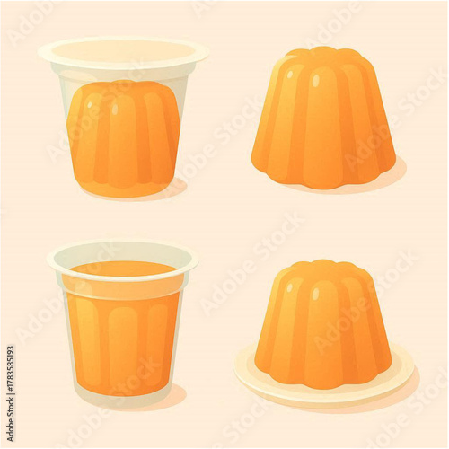 A vector illustration of orange jelly desserts in cups and molded shapes.