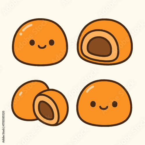A kawaii-style vector illustration of orange mochi desserts with smiling faces and soft rounded shapes.