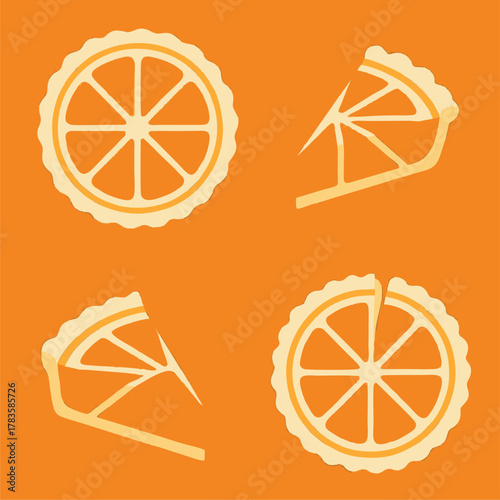 A vector illustration of citrus tarts and sliced pie pieces in a bold orange theme.