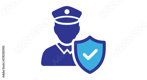 A blue security guard icon with a shield a flat graphic silhouette