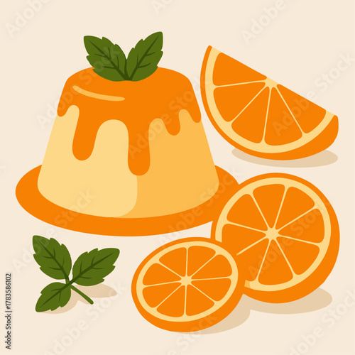 A vector illustration of pudding topped with orange sauce alongside fresh citrus slices and mint leaves.
