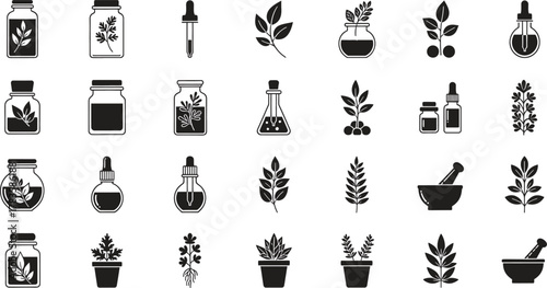 Collection of Black and White Herbal Medicine and Aromatherapy Icons
