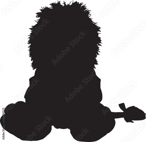 Silhouette of a fluffy dog sitting with a toy in black