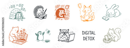 Cartoon color animals practicing digital detox through reading, planting, and mindfulness, set of vector, tracing