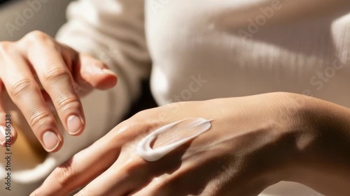 Wallpaper Mural Hands applying cream on skin with moisturizing lotion for skin care, close up. Hands applying cream to hydrate skin, protecting against dryness and promoting healthy, soft texture, for beauty. Torontodigital.ca