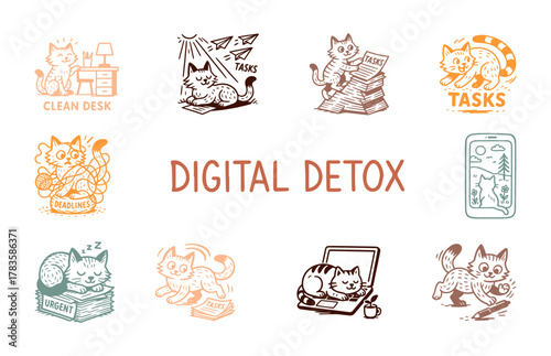 Cartoon color cats practicing digital detox through reading, resting, and playful rebellion, set of vector, tracing