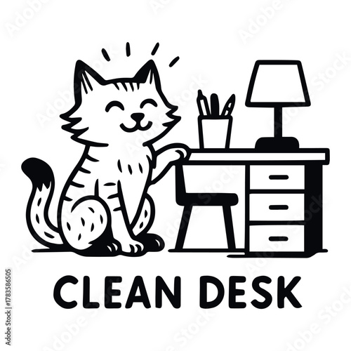 Cartoon cat beside clean organized desk with bold “Clean Desk” text in black and white line style, vector, tracing