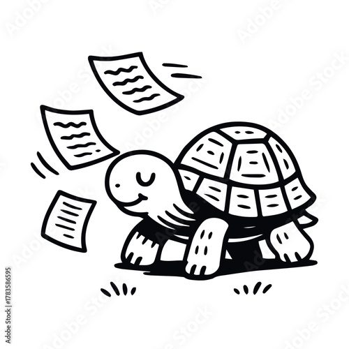 Cartoon turtle walking calmly through flying papers on grass in black and white line style, vector, tracing