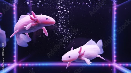 pink axolotls swimming in neon lit aquarium