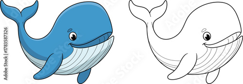 Cartoon whale illustration, cute marine animal drawing, happy ocean character, children coloring book page, aquatic wildlife vector art design
