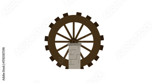 A brown water wheel supported by a grey stone pillar on a white background