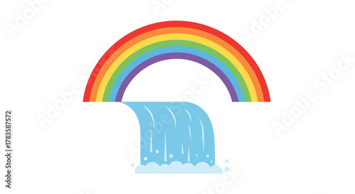 A stylized rainbow arching over a cascading blue waterfall with white foam