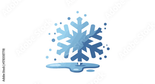 Blue snowflake partially melted into a puddle surrounded by blue dots