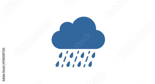 Blue stylized icon of a rain cloud with falling raindrops against a white background