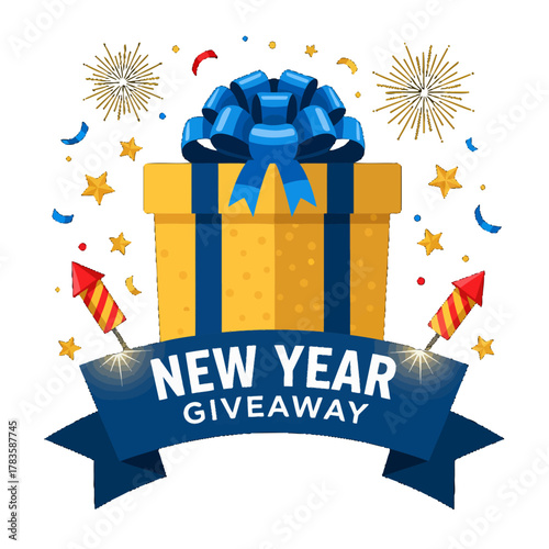 Festive New Year Giveaway Banner with a Large Prize Box and Confetti