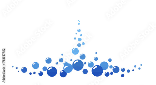 Blue water bubbles rising in an arc shape against a white background