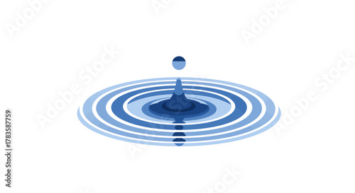 Blue water droplet impact creating concentric ripples on a white background