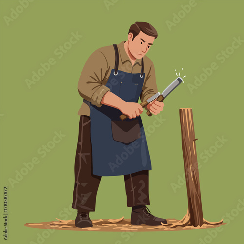 Vector Illustration of Vintage Woman in Traditional Dress with Tram in Modern Minimalist Style in Earth Tones