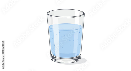 Illustration of a clear glass filled with light blue bubbly water on a white background