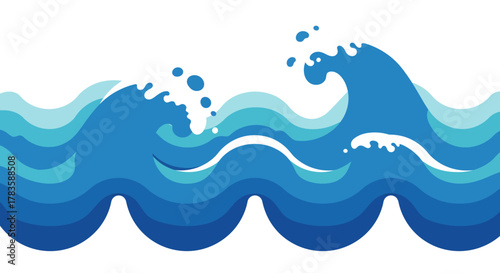 Stylized blue ocean waves with white foam and splashes against a white background