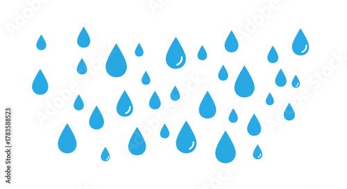 Stylized blue raindrops falling against a white background