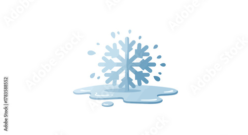 Stylized blue snowflake partially melted into a puddle of water