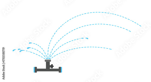 Stylized illustration of a dark gray water sprinkler spraying blue dashed water arcs