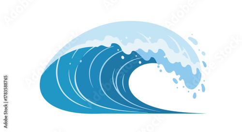 Stylized illustration of a large curling blue ocean wave breaking