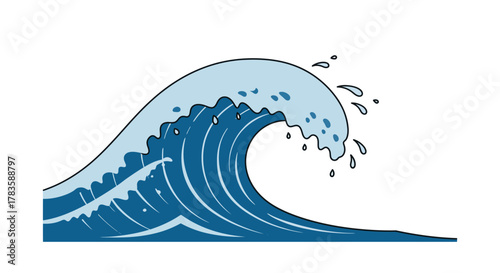 Stylized illustration of a large curling ocean wave breaking against a white background