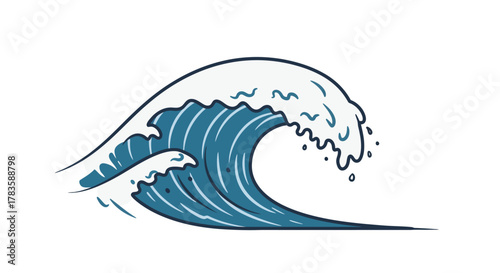 Stylized illustration of a large curling ocean wave with white foam