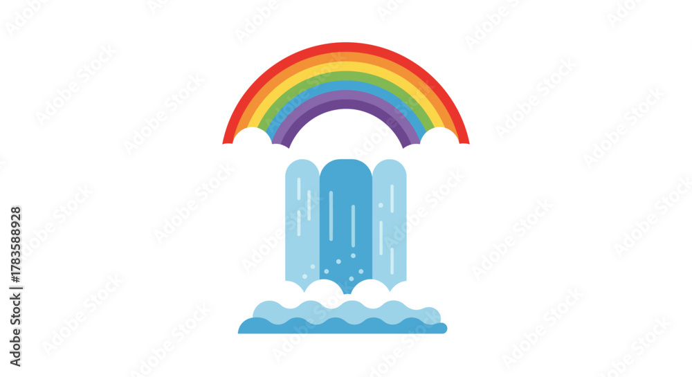 Fototapeta premium Stylized rainbow arching over a bright blue waterfall hitting white clouds and blue water