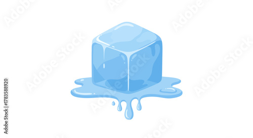 Stylized melting light blue ice cube dripping onto a white background