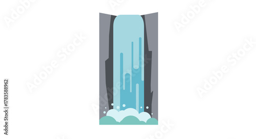 Stylized waterfall cascading between gray canyon walls into blue water