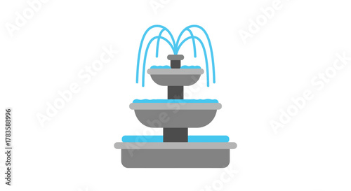 Threetiered gray water fountain with light blue water streams on white background