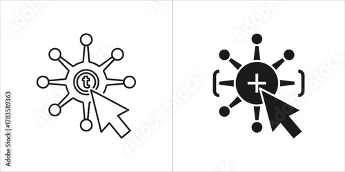 Two icons representing network connection and adding new connection, one outline and one solid