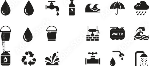 Collection of various black and white water related vector icons