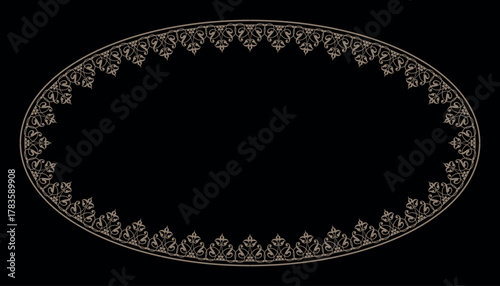 Luxury oval vintage frame. Gold oval plate with floral design. Floral golden border. Oval european pattern frame arabesque. Pattern frame for oval surface, textile, embroidery, ceramic, porcelain
